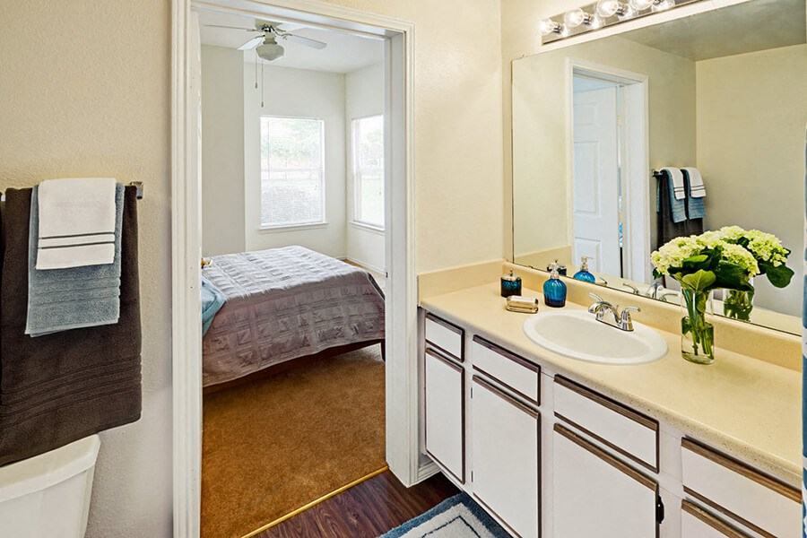 Bathroom with door leading to bedroom