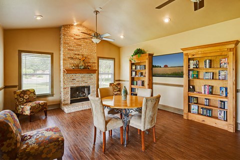 Clubhouse with seating and bookshelves