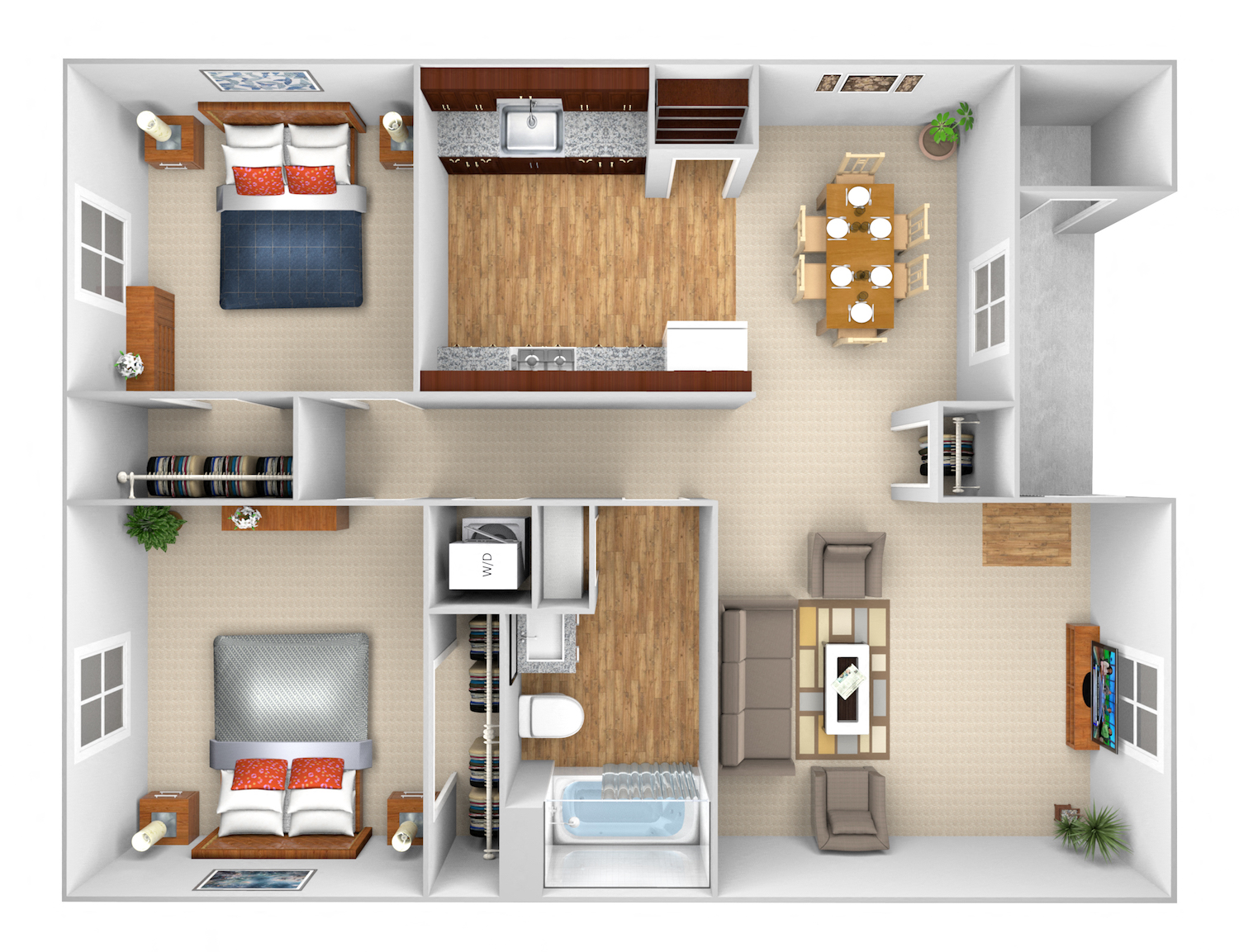 Two BR, one bathroom Floor Plan at Evangeline Village Apartment Homes, Louisiana