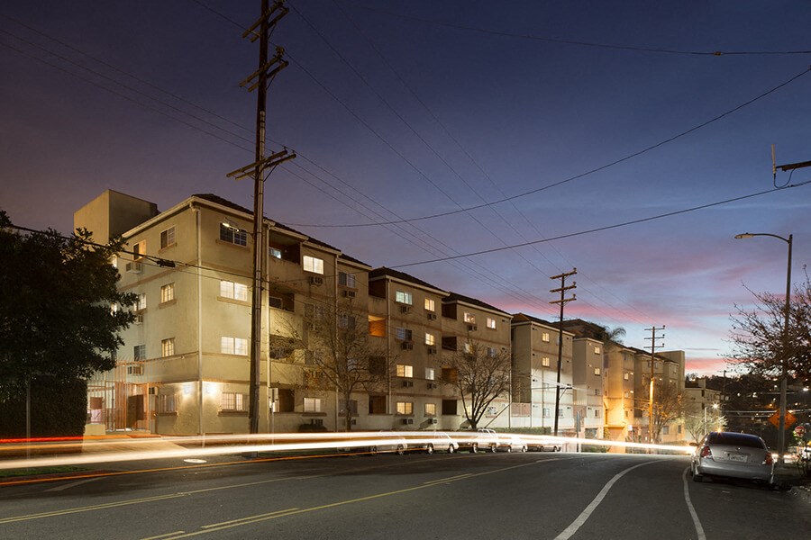 Exterior of building at sunset