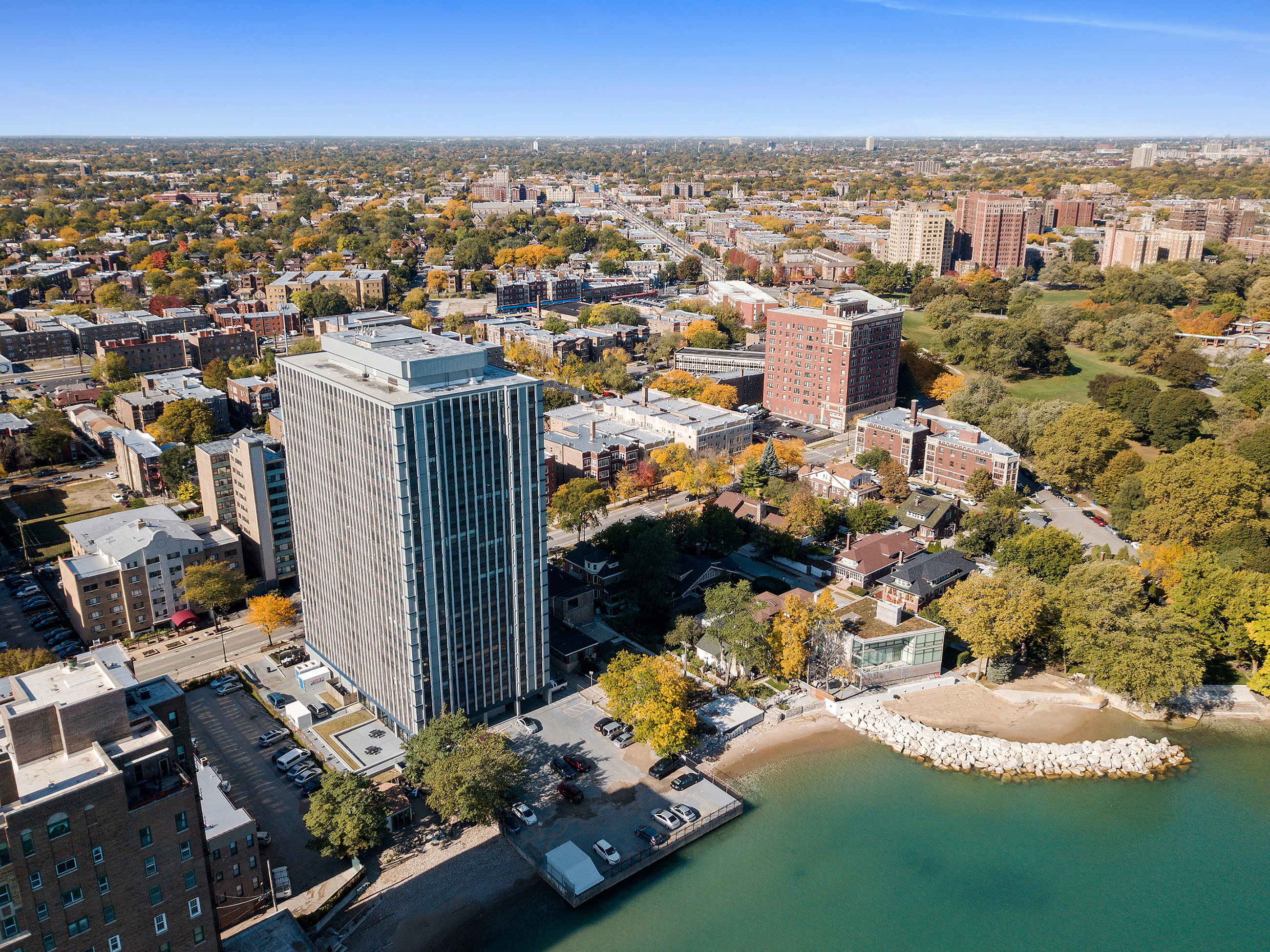 View of city and lakefront at 7251 at Waters Edge, Chicago, IL, 60649