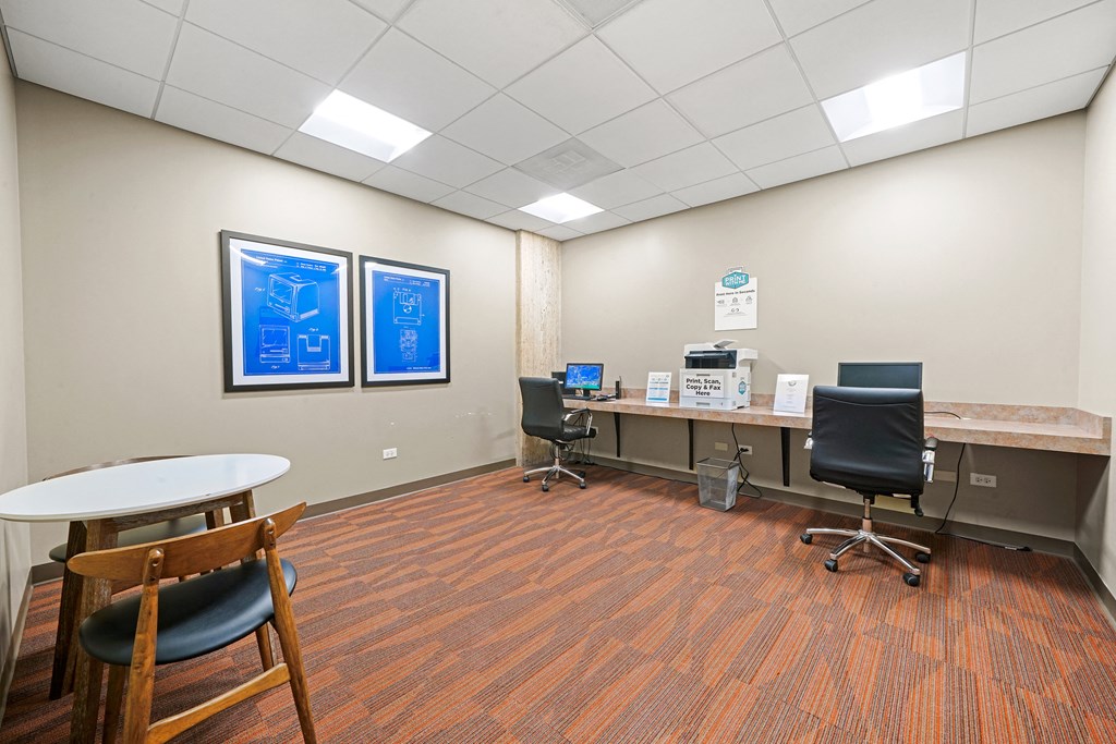 Business center with computers, printer and table at 7251 at Waters Edge, Illinois, 60649