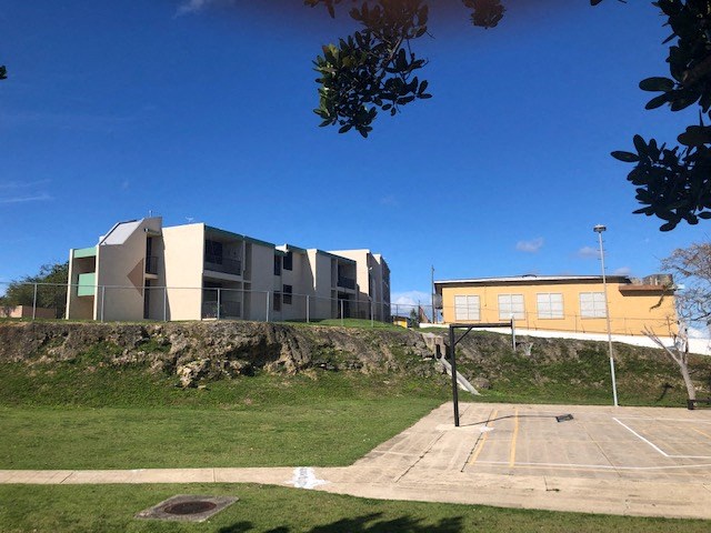Basketball court and building exterior