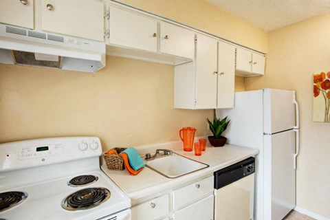 a kitchen with a stove and a refrigerator