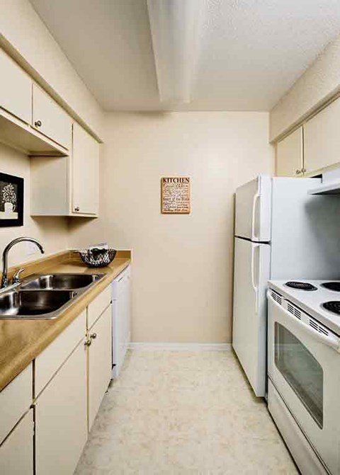a kitchen with a sink and a refrigerator