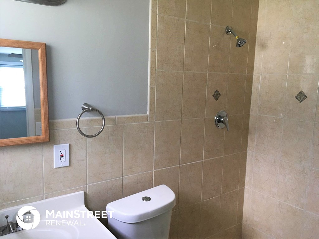 a bathroom with a shower and a toilet and a mirror