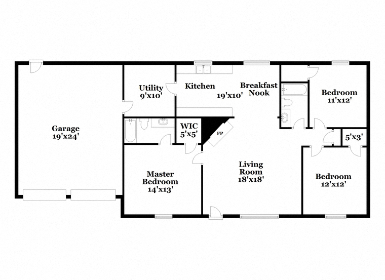 a floor plan of a house with an open floor plan with bedrooms and a kitchen