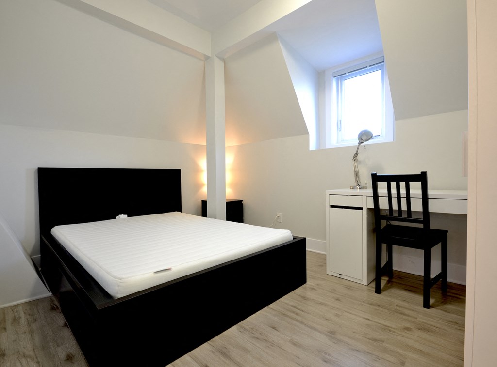 a bedroom with a bed and a desk and a window