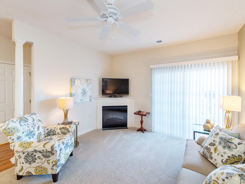 a living room with a couch and a chair and a fireplace