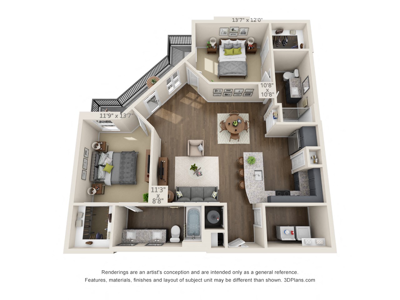 The Cardinal 3D. 2 bedroom apartment. Kitchen with bartop open to living/dinning room. 2 full bathroom, double vanity in master, shower in guest. Walk-in closets. Patio.