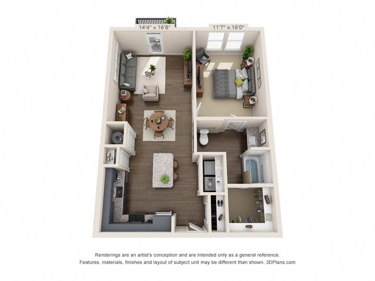 The Heritage 3D. 1 bedroom apartment. Kitchen with island open to living room. 1 full bathroom. Walk-in closet. Patio/balcony.