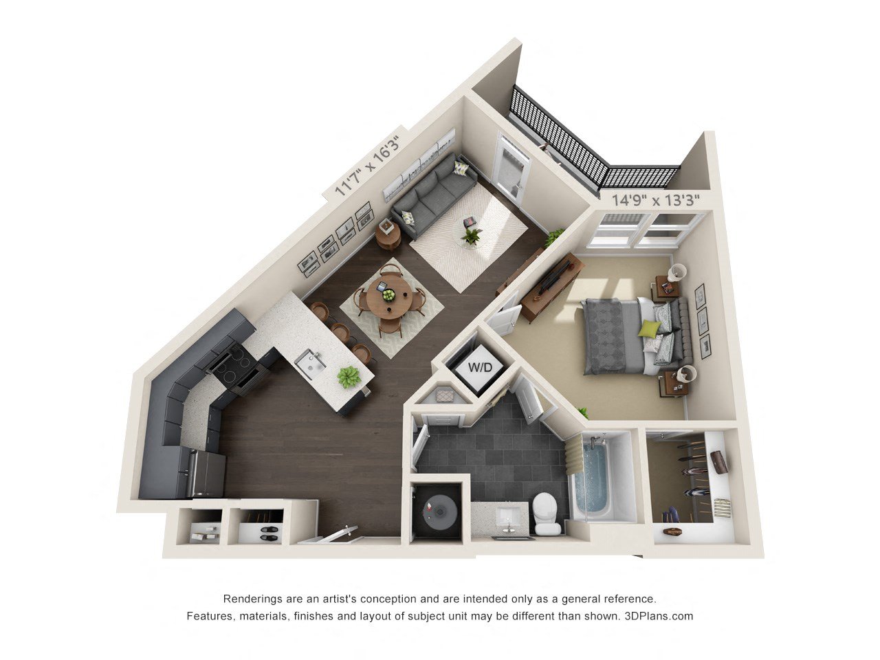 The Hunt 3D. 1 bedroom apartment. Kitchen with bartop open to living room. 1 full bathroom. Walk-in closet. Patio/balcony.