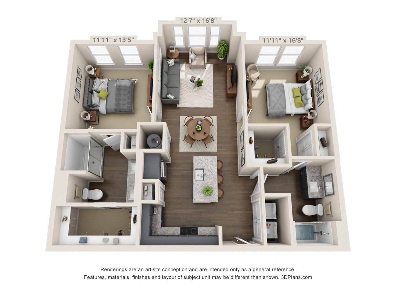 The Legacy 3D. 2 bedroom apartment. Kitchen with island open to living room. 2 full bathroom, double vanity & shower stall in master. Walk-in closets.