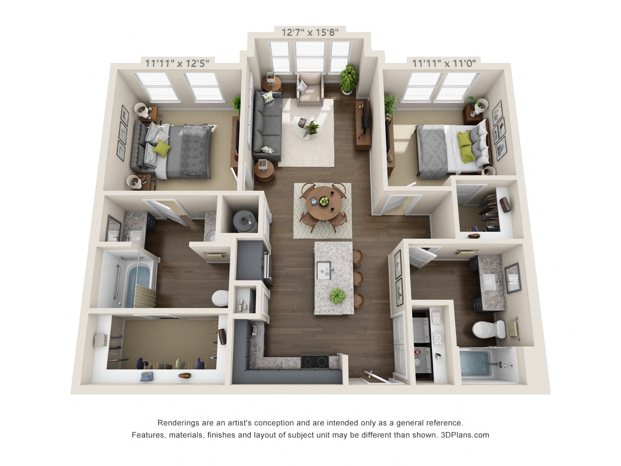 The Patterson 3D. 2 bedroom apartment. Kitchen with island open to living room. 2 full bathroom, double vanity in master. Walk-in closets.