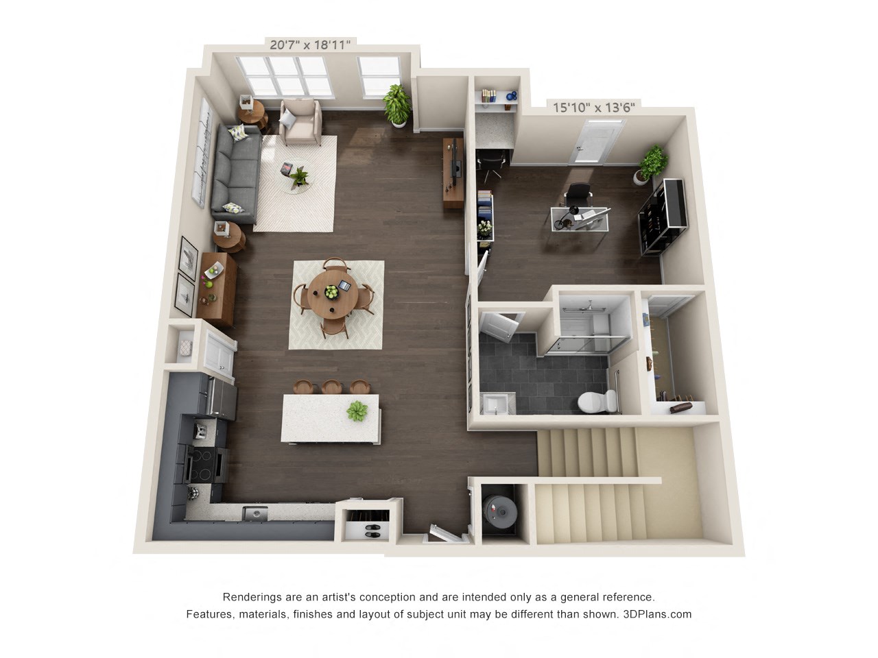 The Walnut Creek First Floor 3D. Living room, Kitchen, Study, bathroom. Stairs to loft.