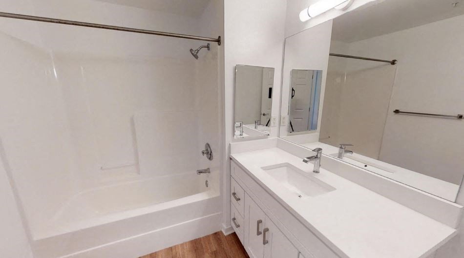 a bathroom with a sink and a shower and a mirror