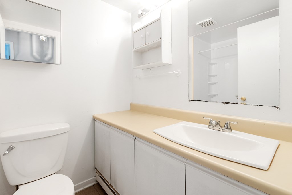 a bathroom with a sink toilet and a mirror