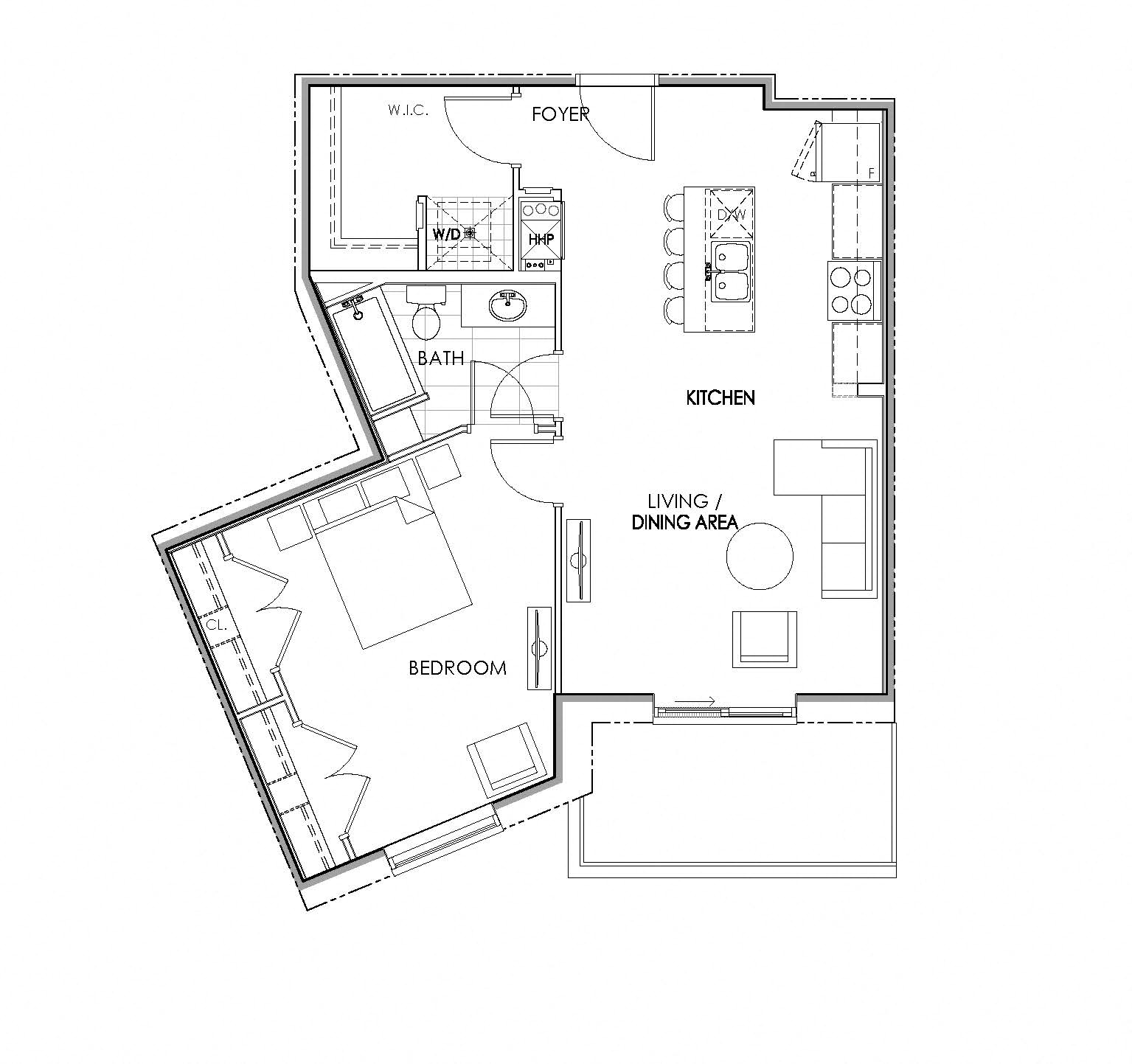 1 bedroom 1 bathroom apartment floor plan at Watson Park Apartments in Guelph, Ontario