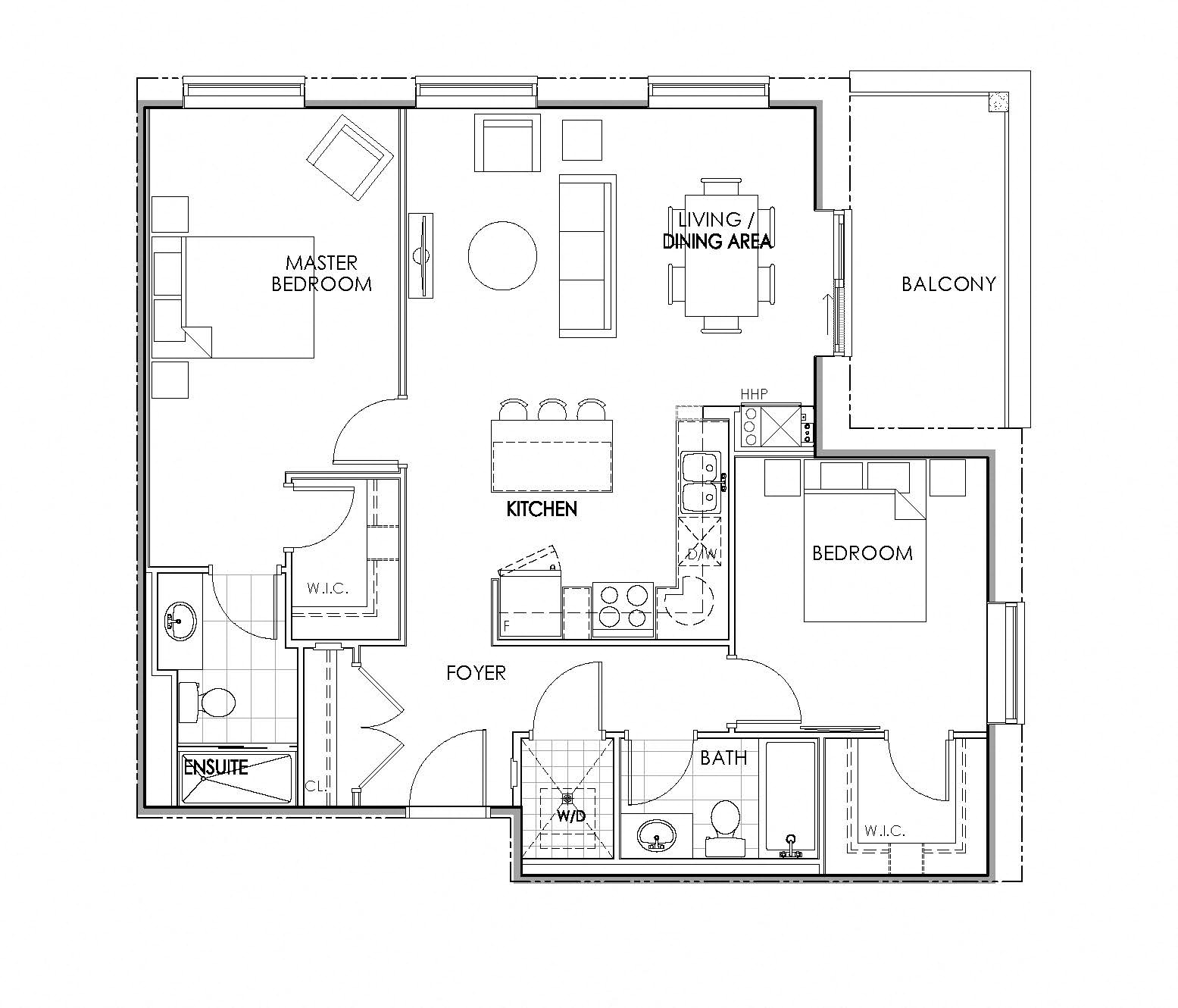 2 bedroom 2 bathroom apartment floor plan at Watson Park Apartments in Guelph, Ontario