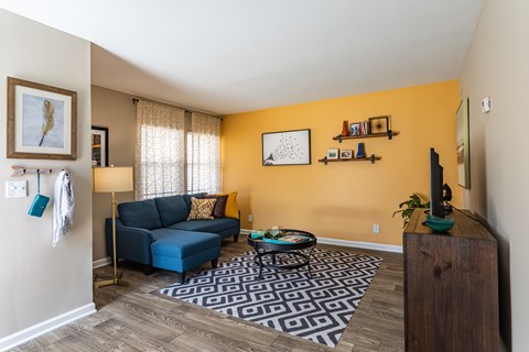 a living room with yellow walls and a blue couch