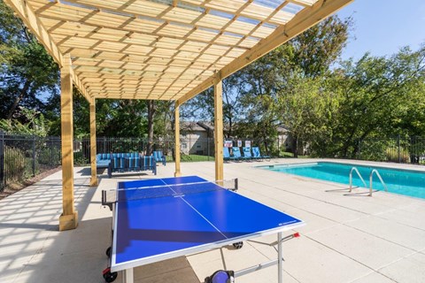 A blue table tennis table is under a wooden canopy.
