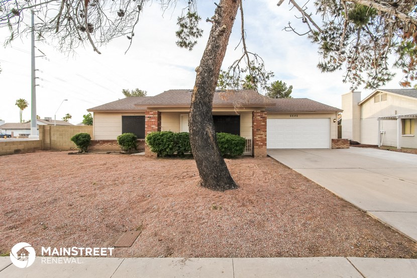 a front yard with a tree and a house