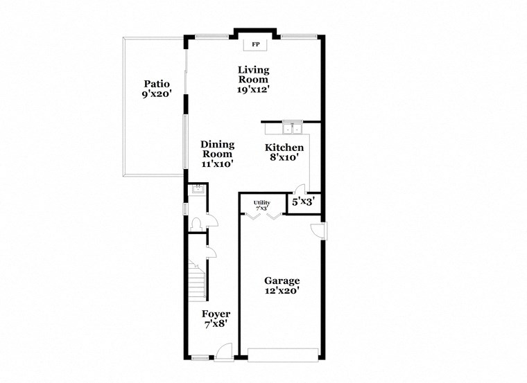 a floor plan of a house with a small kitchen and a living room