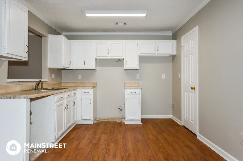 an empty kitchen with white cabinets and a wood floor