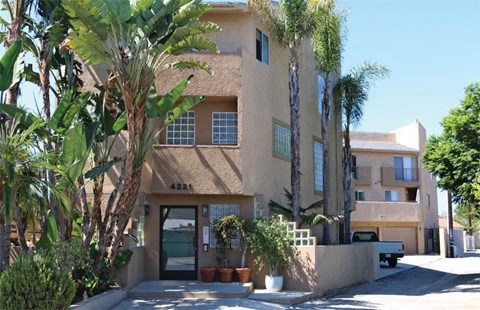 a building with palm trees in front of it