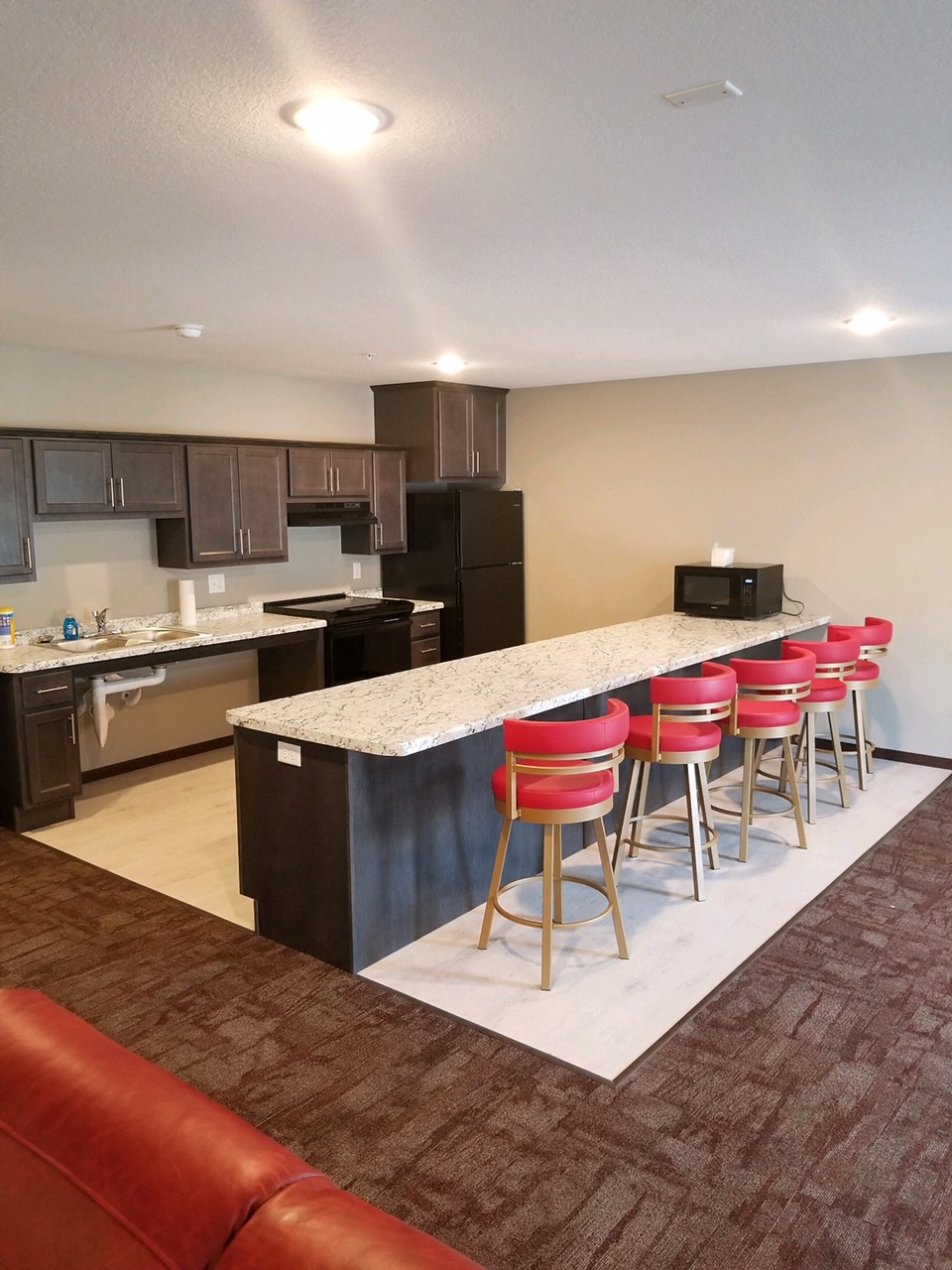 Common room area with counter bar and kitchen