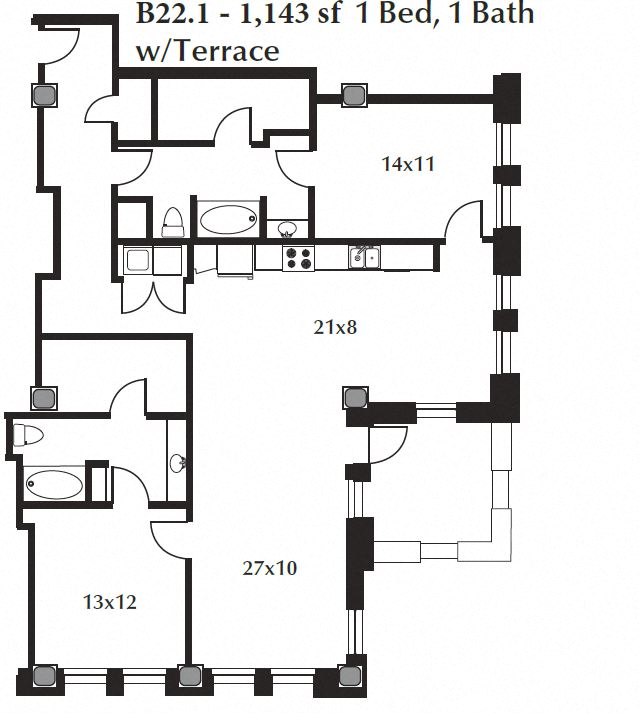 1143 sqft 2x2 unit with a terrace