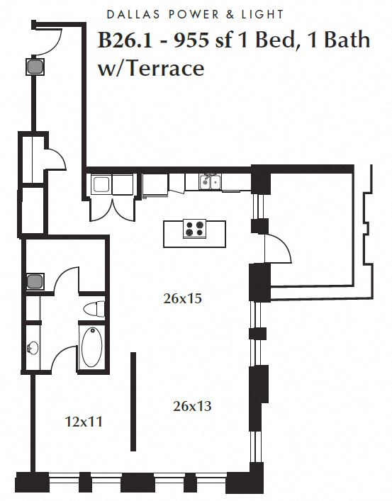 955 sqft 1x1 unit with a terrace