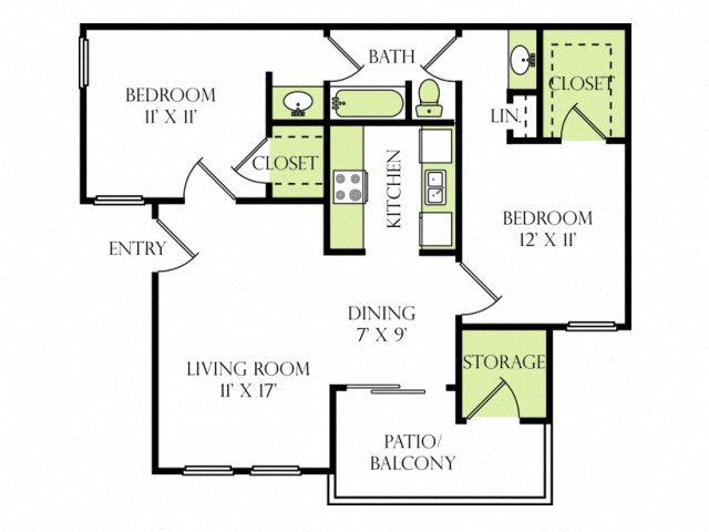 2 Bedroom 1 Bathroom Floor Plan