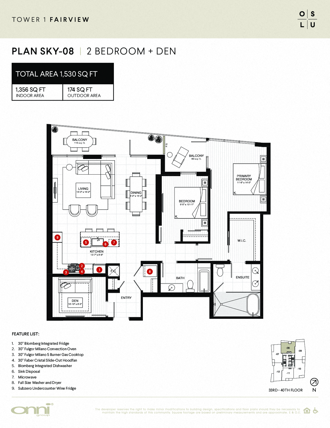 A floor plan for a 2 bedroom, den apartment with a tower 1 fairview.
