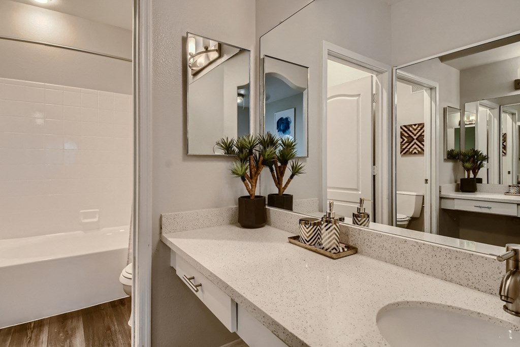 a bathroom with a sink and mirrors and a tub