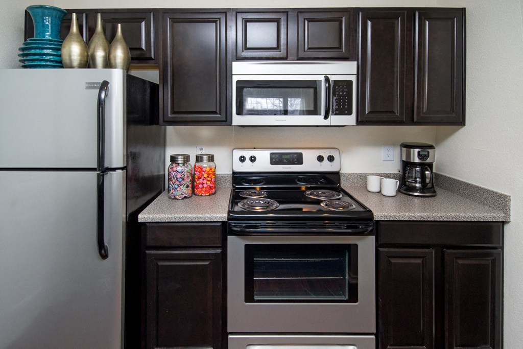 a kitchen with stainless steel appliances and black cabinets