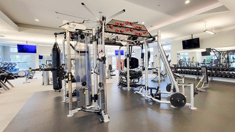 a gym with weights and cardio equipment in a building