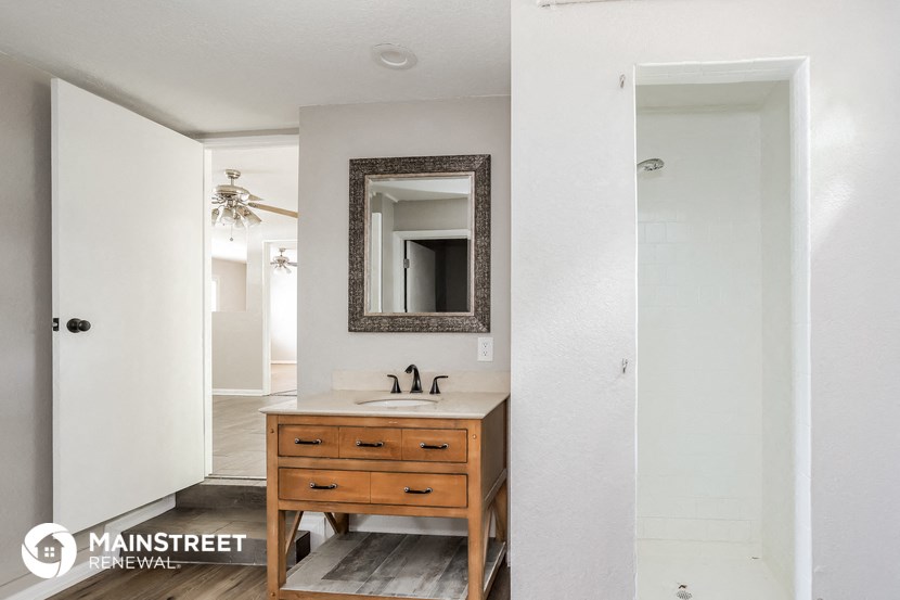 a bathroom with a sink and a mirror and a walk in shower