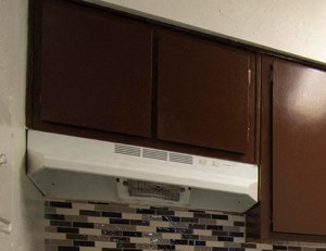 Wood cabinets with white appliances