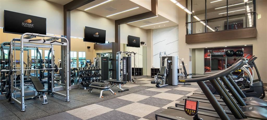 a gym with weights and cardio equipment in a building