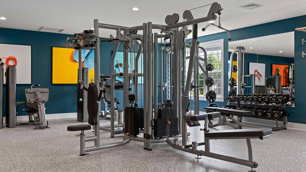 a gym with weights and cardio equipment in a room with blue walls