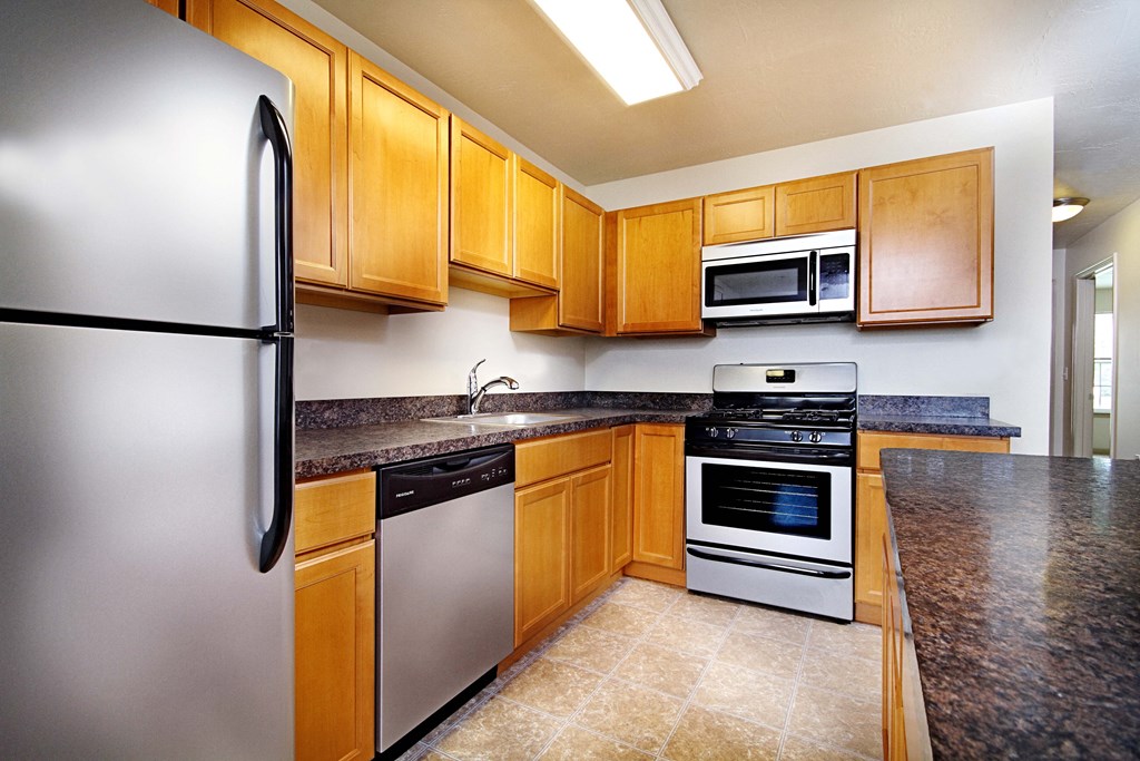 a kitchen with stainless steel appliances and wooden cabinets