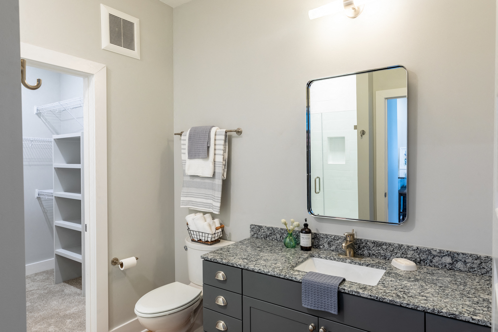 a bathroom with a mirror and a sink and a toilet