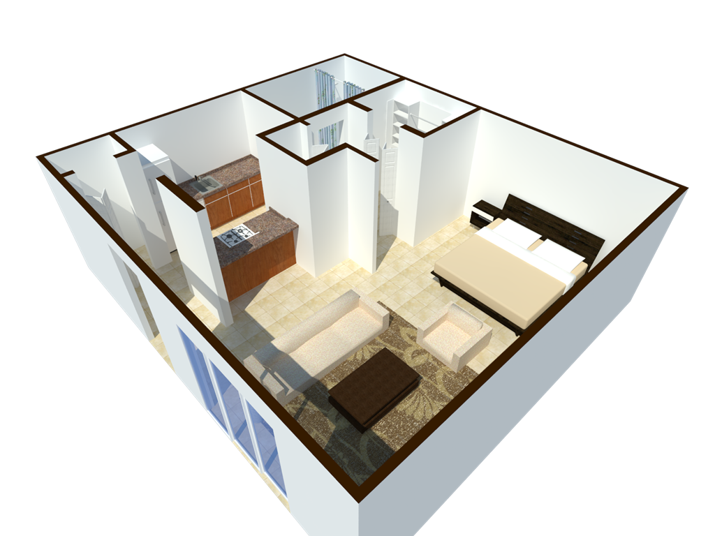 a 3d rendering of a bedroom with a bathroom and a living room
