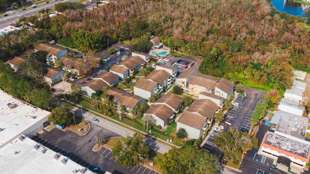 an aerial view of a neighborhood with houses and trees