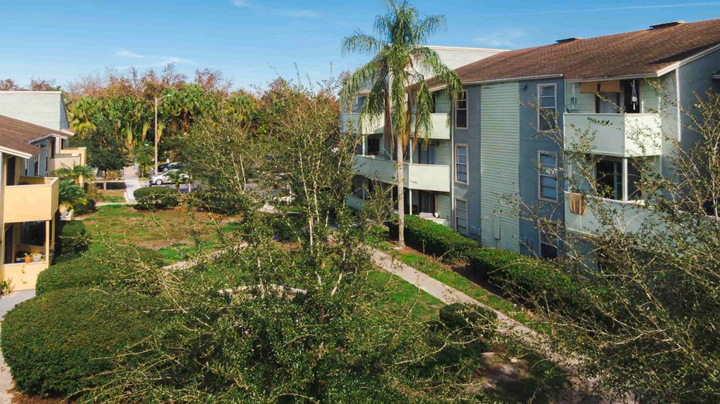 a row of houses with trees and bushes in front of them