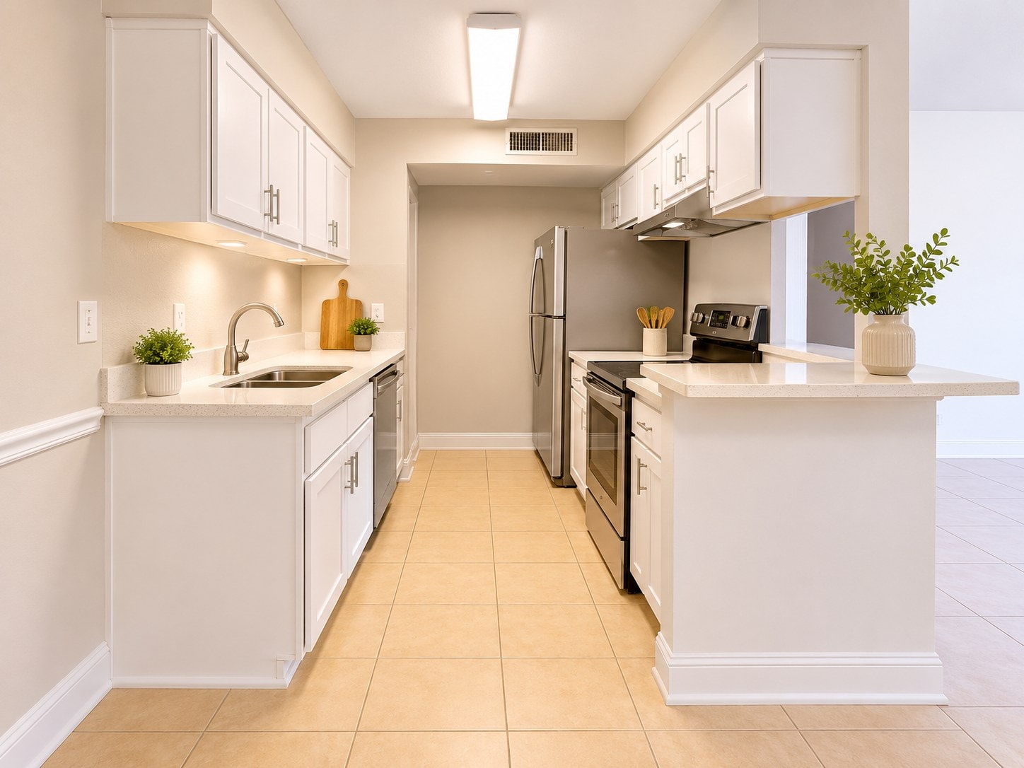 A kitchen with white cabinets and appliances.
