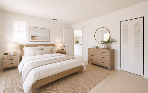 A bedroom with a large bed, two nightstands, and a dresser.
