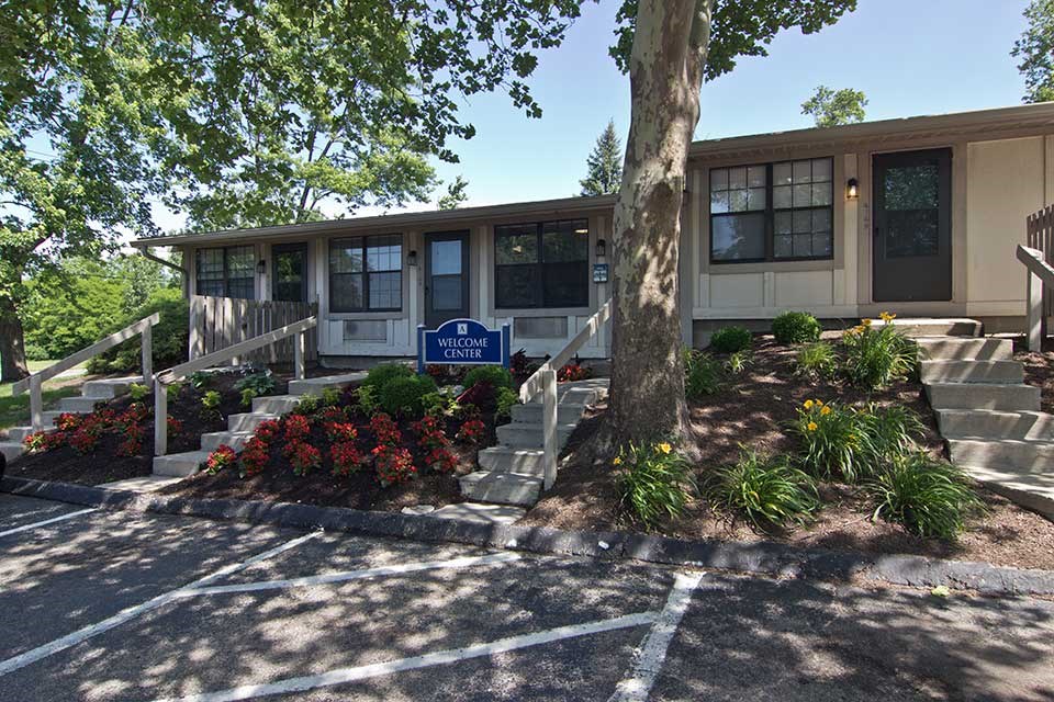 a house with stairs and a tree in front of it