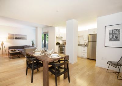 Living, dining, and kitchen area